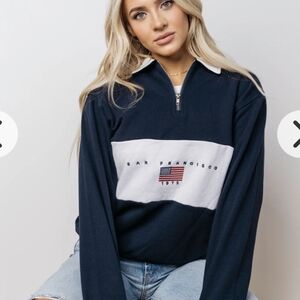 SF Citywear Half-Zip USA Flag Pullover Sweater L Womens